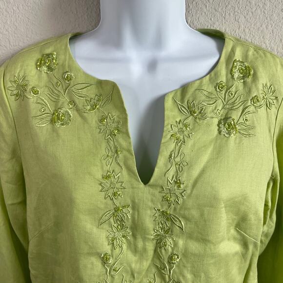 Edward Tunic Women's S Green Beaded Embroidered Irish Linen Relaxed Top Modest - Picture 2 of 6
